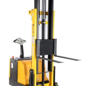 The Vestil Counter Balanced Powered Lift 2 To 118 is a yellow electric pallet stacker with a left-side control handle, elevated forks, and dual front wheels. Its vertical lift design offers industrial efficiency for material handling.