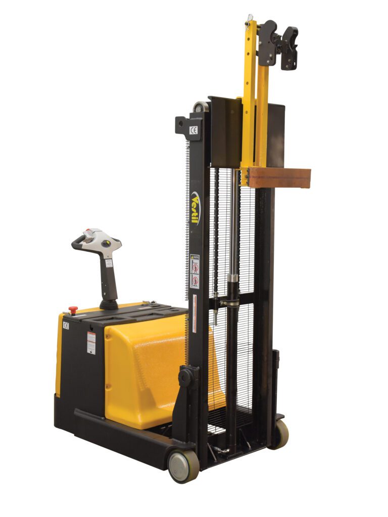 S-CB-62-DDC_A.jpg A yellow and black electric stacker with a control handle, wheels, lifting mechanism, platform, and guard rails is designed for lifting pallets in warehouses. It complements the Vestil Counter Balanced Drum Lifter Dual Grip for efficient handling.