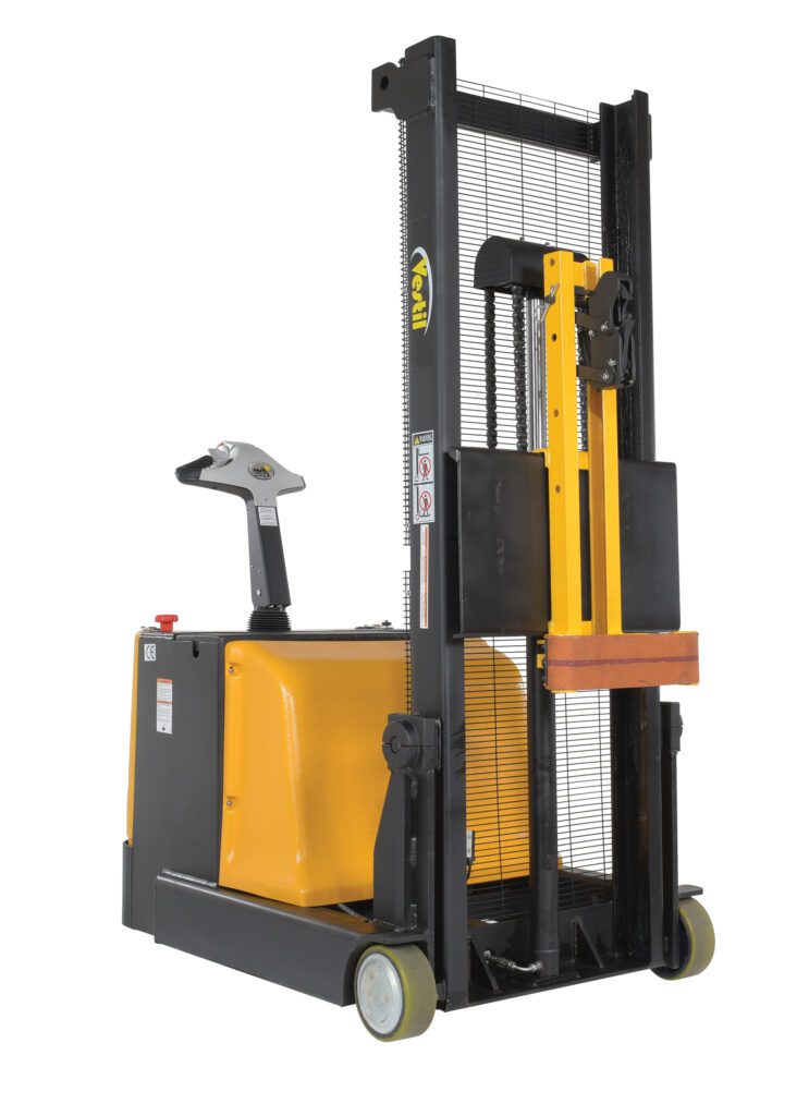A yellow and black electric pallet stacker with a handle, control panel, wheels, vertical lift mechanism, and protective mesh. Perfect for lifting pallets with the precision of a Vestil Counter Balanced Drum Lifter Single Grip.