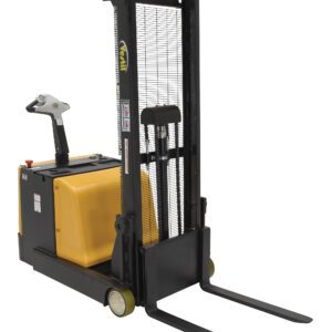 The Vestil Counter Balanced Powered Lift 2 To 62 In, a yellow and black electric pallet stacker, has vertical forks, a control handle, and small wheels. It features safety instructions and branding labels on the frame and is ideal for lifting pallets effortlessly from 2 to 62 inches.