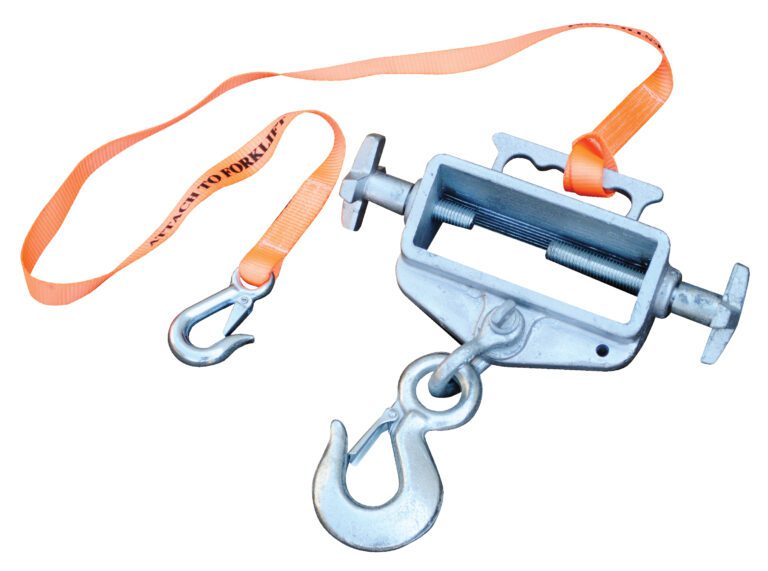 The Vestil Hoisting Hook Single Fork Rigid Latch includes a metal lifting strap with an adjustable mechanism, two orange straps capped with metal hooks, and is marked Attach to Forklift. Its designed for safely securing and lifting objects with a single fork.