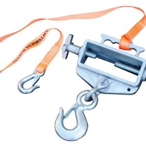 The Vestil Hoisting Hook Single Fork Rigid Latch includes a metal lifting strap with an adjustable mechanism, two orange straps capped with metal hooks, and is marked Attach to Forklift. Its designed for safely securing and lifting objects with a single fork.