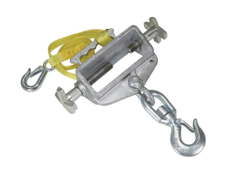 A metal come-along tool with a yellow strap is displayed, featuring two metal hooks at each end and a central housing with gears and a turning handle. It includes the Vestil Hoisting Hook Single Fork Swivel Latch for secure lifting at the bottom.