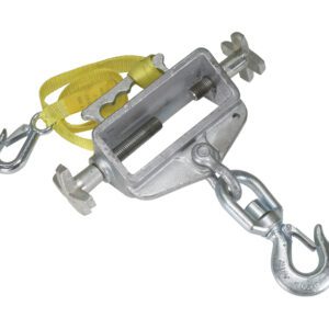 A metal come-along tool with a yellow strap is displayed, featuring two metal hooks at each end and a central housing with gears and a turning handle. It includes the Vestil Hoisting Hook Single Fork Swivel Latch for secure lifting at the bottom.
