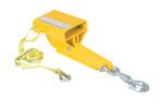 The Vestil Hoisting Hook Auto-Tension Swivel Hook is a yellow, heavy-duty industrial lifting attachment featuring a secure locking mechanism and safety strap for optimal safety and efficiency.