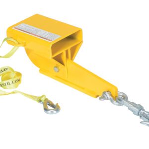 The Vestil Hoisting Hook Auto-Tension Swivel Hook is a yellow, heavy-duty industrial lifting attachment featuring a secure locking mechanism and safety strap for optimal safety and efficiency.