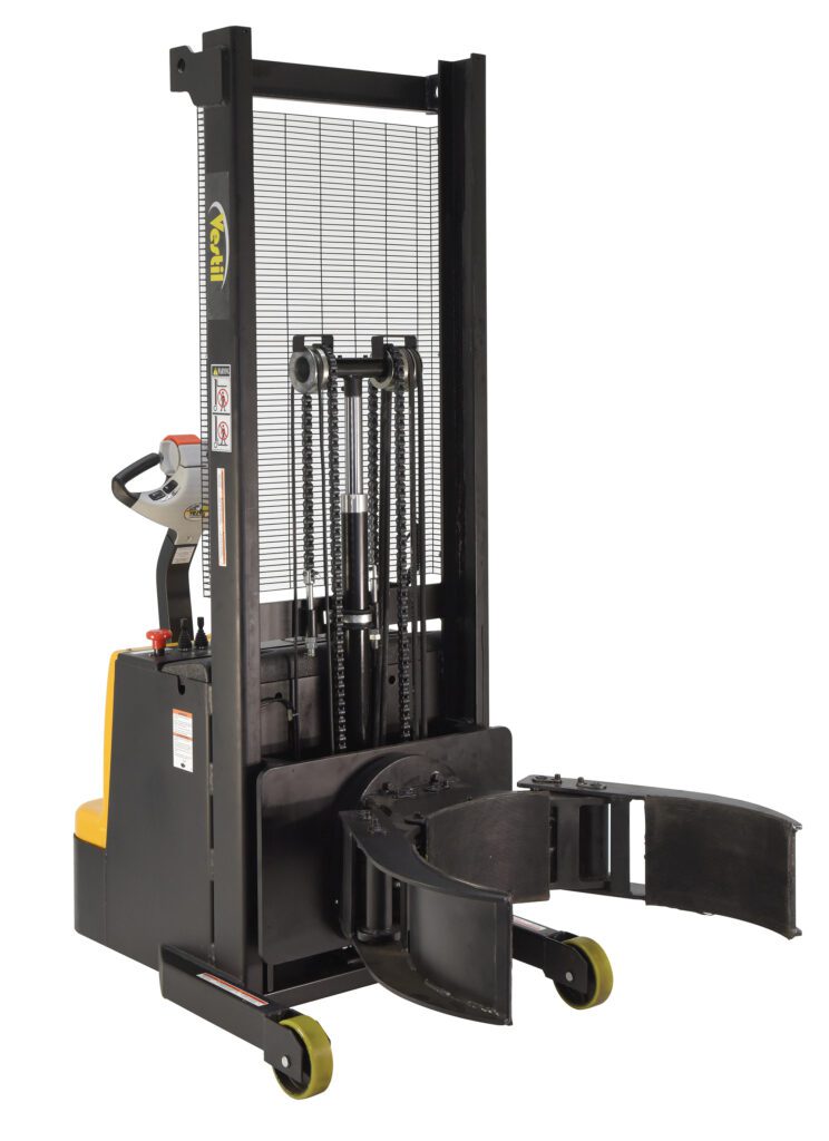 S-MU-VDGR-64_A.jpg An industrial forklift in yellow and black is equipped with the Vestil Vertical Drum Gripper/Rotator Stacker 800Lb for drum handling, featuring a mesh safety guard, control panel, and robust wheels for efficient use.