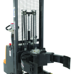 This electric forklift offers a compact cockpit with a steering handle, an efficient hydraulic lift, a protective metal guard, yellow wheels, and a base fork for pallet lifting. It has an impressive 800# capacity similar to the Vestil Vertical Roll Gripper/Rotator.