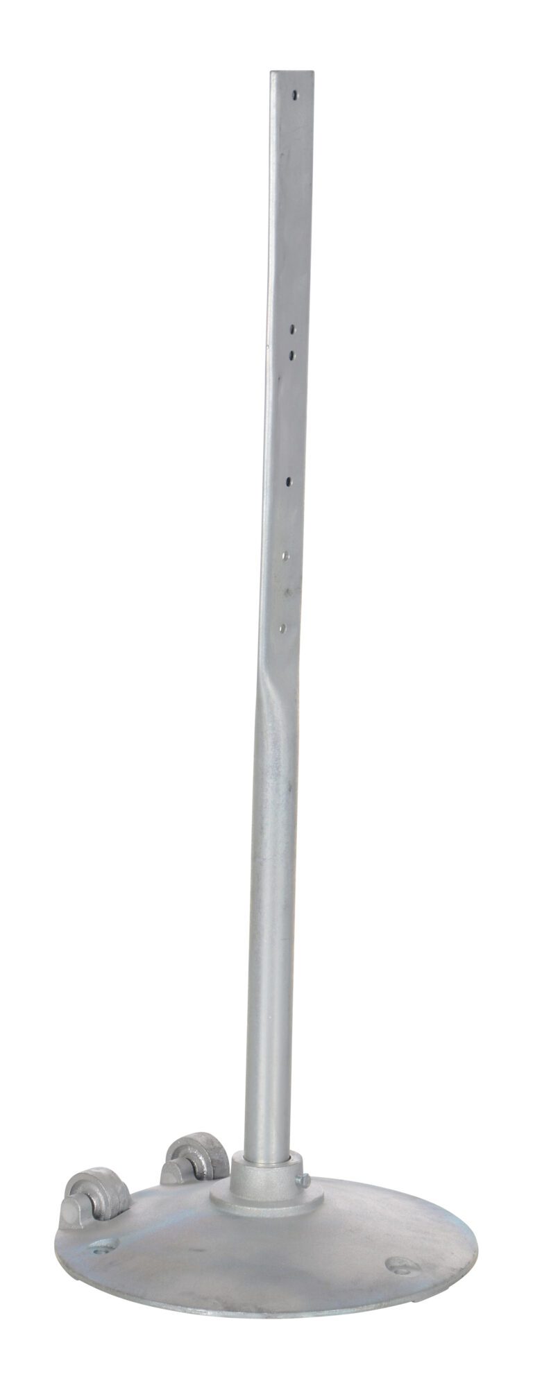 The Vestil Sign Stand W/Wheels 16.75 X 17.38 X 48 is a tall, slender metal pole with a circular base, rounded edges, and two small brackets. It has holes along its length for versatile use.