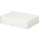 The MH-USA 8 5/8 x 12 x 3 stationery folding carton, a plain white rectangular cardboard box with a simple lid, rests closed against a white background with a subtle embossed line near the front.