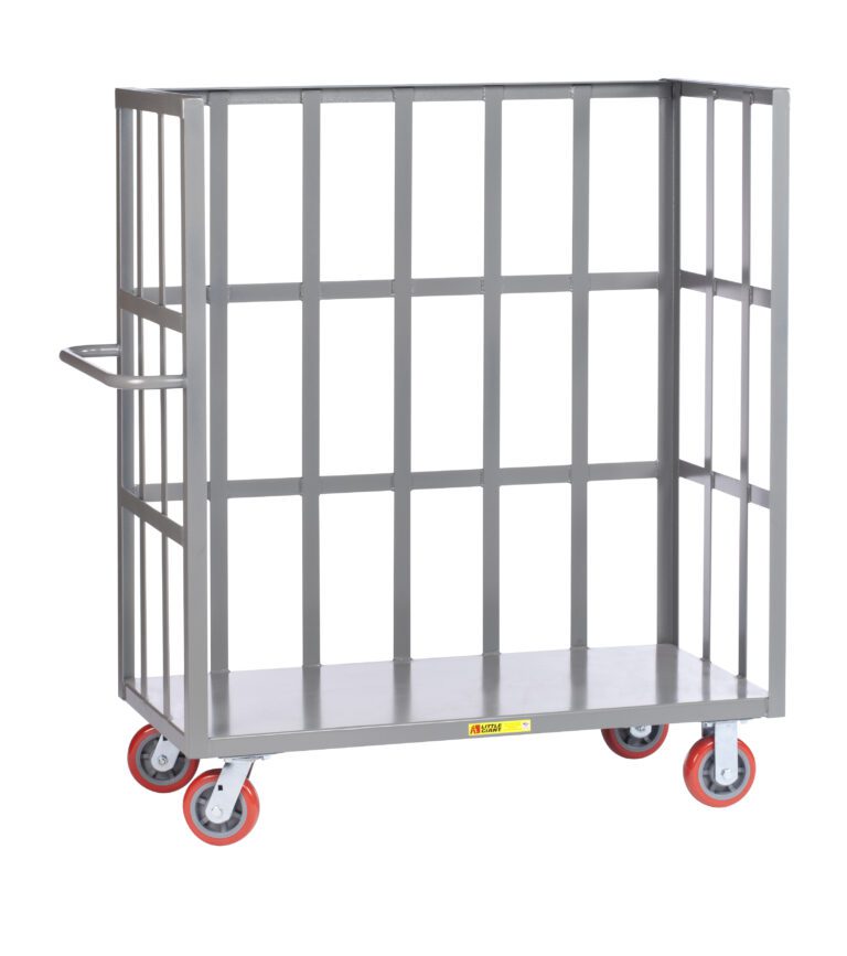 The Little Giant 3-Sided Bulk Truck, with slat-type sides and a solid base, is painted gray. It features a metal rolling cage with side grids, a left-side handle, and four red-wheeled casters for smooth mobility.
