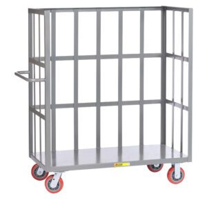 The Little Giant 3-Sided Bulk Truck, with slat-type sides and a solid base, is painted gray. It features a metal rolling cage with side grids, a left-side handle, and four red-wheeled casters for smooth mobility.