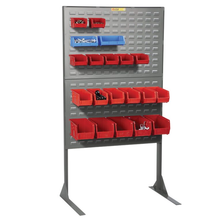 The Little Giant Stationary Pegboard or Louvered Panel Storage is a gray metal rack with louvered panel storage, featuring red and blue plastic bins for various small tools and hardware items, multiple shelves, and wide metal legs for sturdy support.
