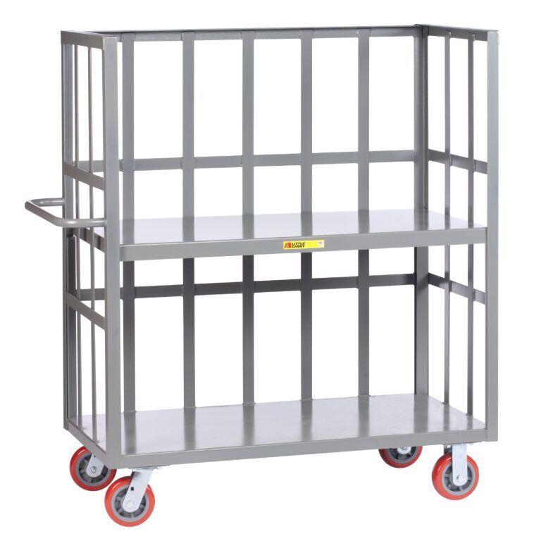 A gray metal utility cart like the Little Giant 3-Sided Shelf Trucks features a grid frame, two shelves, and handle. Four red wheels enhance mobility, and its open design of slat-type sides allows easy access.
