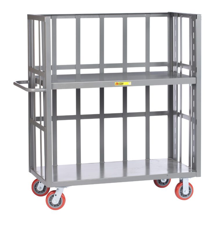 The Little Giant 3-Sided Adjustable Shelf Truck has slat-type sides, two shelves, a rectangular frame, and red rubber wheels. Its designed for transporting heavy items in warehouses and features a sturdy handle on one end.