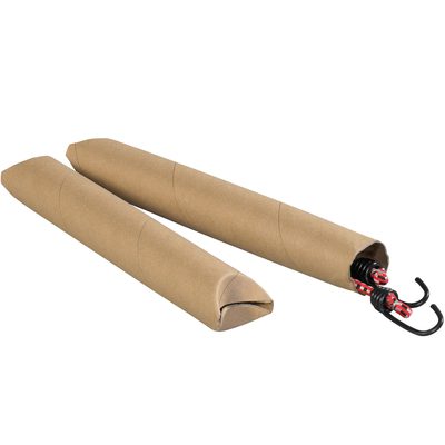 S2020K.jpg Two brown 2 x 20 Kraft Crimped End Tubes from a 50-case set are parallel on a white surface. One tube is open, revealing two red and black bungee cords with hooks partially inside, while the other remains closed.