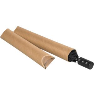 A black umbrella partially slid out of a 2 1/2 x 36 Kraft Crimped End Tube, which gracefully cradles the smooth, rounded handle in its sectioned cardboard body.