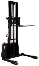 The Vestil Stacker Dbl Mast 118 In Adjustable 3K features a vertical lift, two horizontal forks, black and yellow design, and rear control handle, ideal for moving and stacking pallets in warehouses or storage areas.