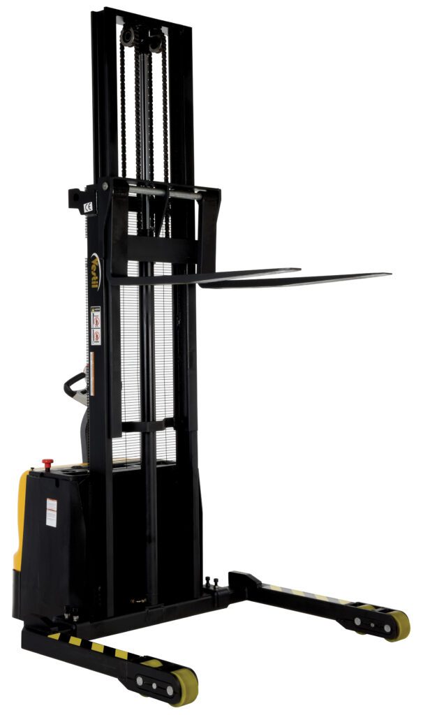 S3-62-AA_A.jpg The black and yellow Vestil Stacker Double Mast 62 In Adjustable 3K is an electric forklift stacker with extended forks, a vertical mast with metal chains, and a side control handle. It includes wheels at the base for easy mobility.