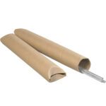Two elongated brown 3 x 20 Kraft Crimped End Tubes, one open showing metal rods, lie parallel on a white background. These sturdy packaging solutions are part of a neatly arranged 24/Case set.