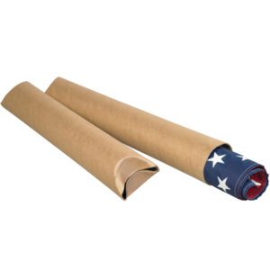 Two brown Kraft Crimped End Tubes, with one open to display a partially rolled American flag and the other securely closed, are part of the 4 x 12 set (15/Case), ideal for storing and shipping valuable documents.