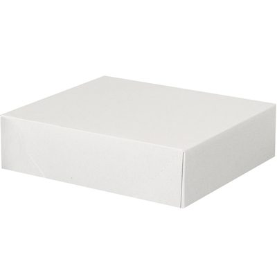 S6.jpg Viewed from a slightly elevated angle, a plain, closed MH-USA 11 1/8 x 9 1/2 x 3 Stationery Folding Carton, featuring clean edges and an unmarked surface, rests against a simple white background.