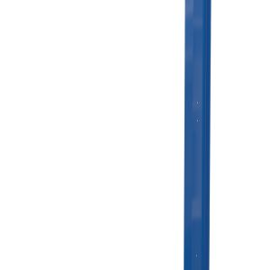 The Vestil Single-Sided Racking 8.25K 144 X 32, a blue metal L-shaped support beam, stands upright with a horizontal base and vertical section. Its industrial design includes holes for fastening or mounting, providing a minimal yet robust solution.