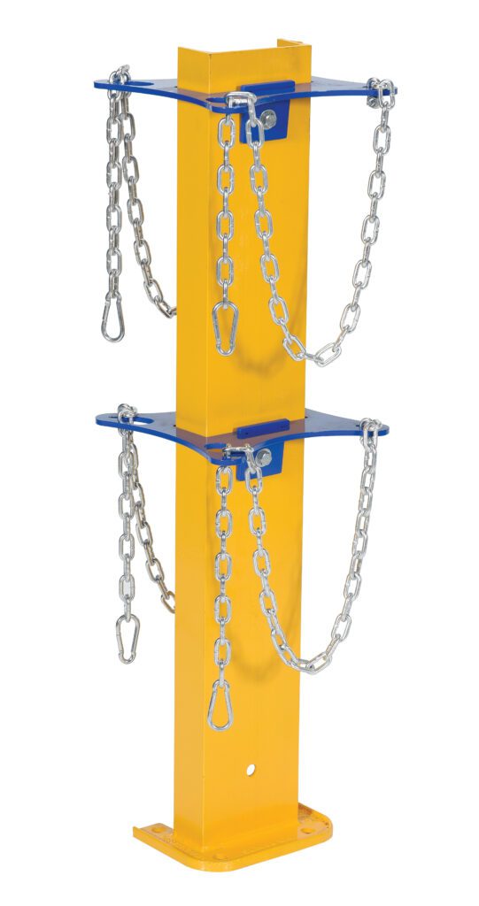 SACR-2_A.jpg The Vestil Cylinder Storage Stand is a yellow vertical metal post with two blue horizontal plates. Each plate has two chains with hooks, and its flat base ensures stability for reliable cylinder storage.
