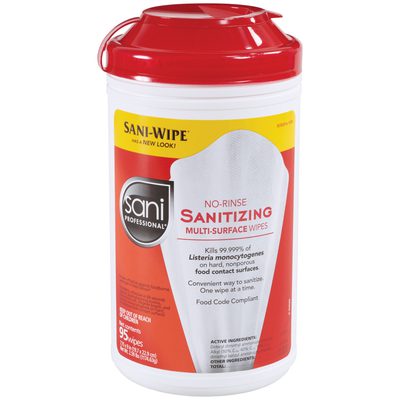 SAN100.jpg Sani-Wipe® Sanitizing Wipes come in a container with a red lid, featuring 95 wipes per pack (6 packs per case). They eliminate 99.999% of Listeria and comply with food codes, making them ideal for multi-surface cleanliness and safety.