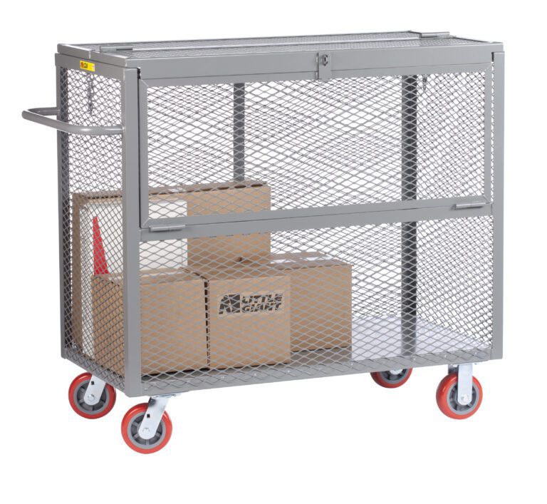 A Little Giant Security Box Truck, with a metal mesh design, red wheels, and two cardboard boxes on board, features a convenient handle and sliding top for secure storage.