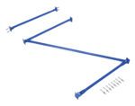 The Vestil Standard Cantilever Brace Set 120X36 has a blue metal frame with three parallel diagonal supports and ten silver bolts, all displayed orderly on a white background.