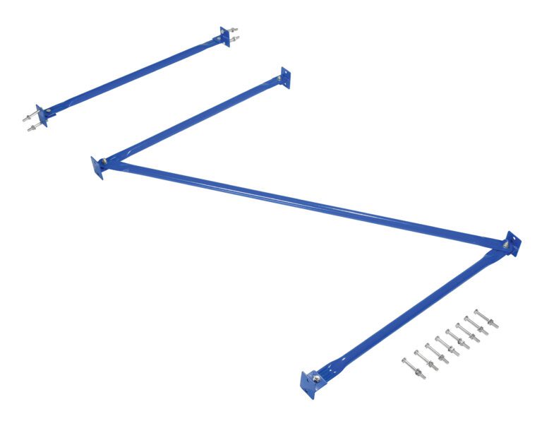 The Vestil Standard Cantilever Brace Set 120X36 has a blue metal frame with three parallel diagonal supports and ten silver bolts, all displayed orderly on a white background.