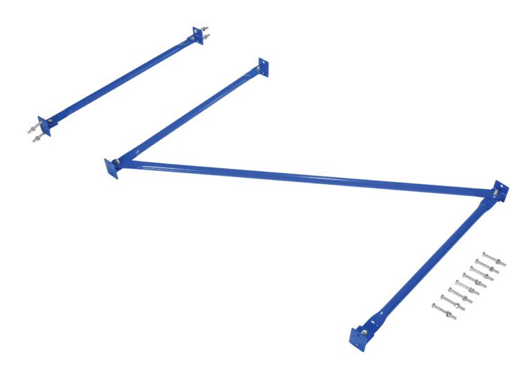 The Vestil Standard Cantilever Brace Set 120X96, in blue metal, features a zigzag shape with three sections and includes screws and bolts for easy assembly, making it ideal for structural support or mounting needs.