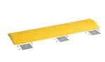 The Vestil Speed Bump-Glue Down 48X12X2.25 is a yellow speed bump with a smooth curved surface, featuring three evenly spaced bolt holes and includes metal mounting plates and screws for secure installation.