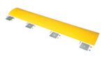 The Vestil Speed Bump-Glue Down 72X12X2.25 showcases a yellow, semi-circular shape and includes four metal mounting brackets underneath for stable and safe installation on any surface.