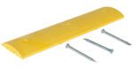 A Vestil Speedbump HD Asphalt Hardware, yellow and 48x12x2.25 inches with curved edges, is shown against a white background with three metal screws, perfect for seamless transitions over asphalt surfaces.