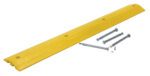 A Vestil Speed Bump HD Asphalt Hardware 72x10x2, featuring a yellow strip with multiple holes laid diagonally, is showcased alongside four metal screws and one washer, forming an assembly kit for securing the bump on asphalt surfaces.
