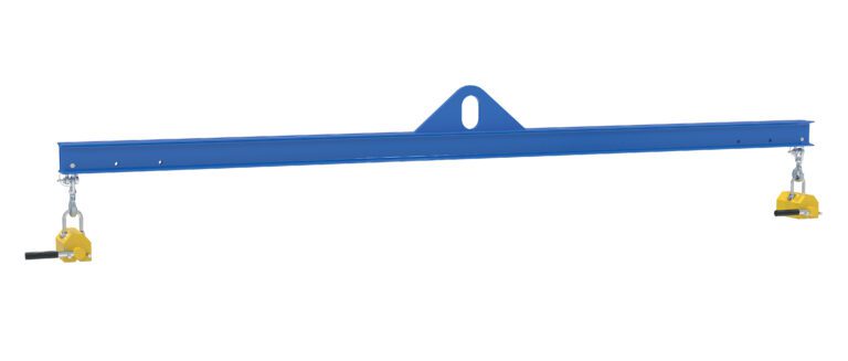 SBM-10-10-ML_A.jpg Image of the Vestil 10Ft Spreader Beam with Magnetic 1000Lb Cap, showcasing its blue steel design, central triangular attachment point, and two yellow adjustable lifting hooks secured with black components for reliable load management.