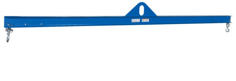 A long, blue steel spreader beam featuring a central triangular lifting point and hooks on each end for lifting and rigging, similar to the Vestil Economy Spreader Beam 1000 Lb 120 In.