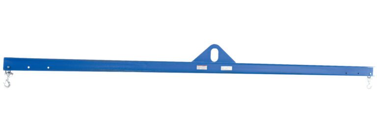 The Vestil Economy Spreader Beam 1000 Lb 144 In, constructed from durable blue metal, weighs 1000 lbs and measures 144 inches. It includes dual hooks at both ends and a central triangular lifting point with labels near the middle, making it perfect for industrial lifting tasks.