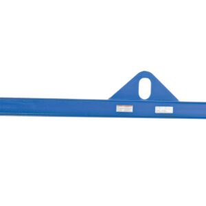 The Vestil Economy Spreader Beam 1000 Lb 144 In, constructed from durable blue metal, weighs 1000 lbs and measures 144 inches. It includes dual hooks at both ends and a central triangular lifting point with labels near the middle, making it perfect for industrial lifting tasks.