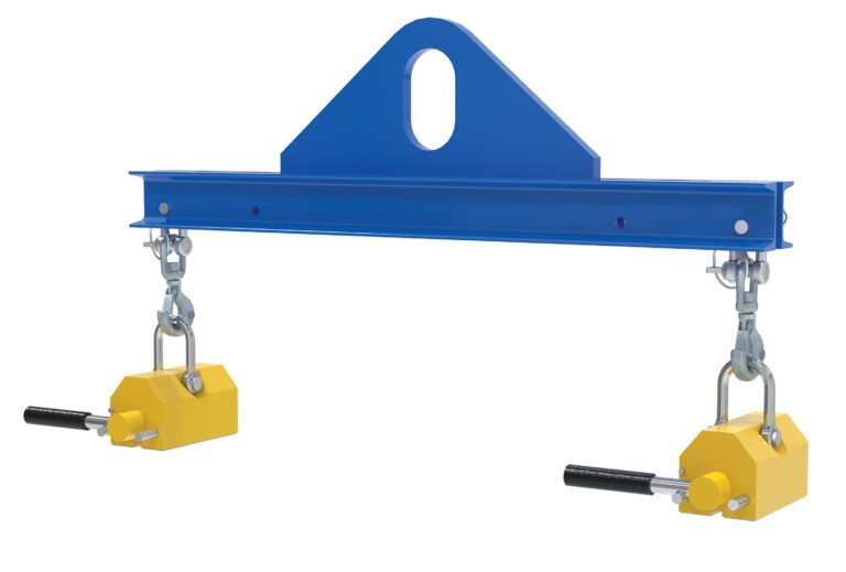 The Vestil Spreader Beam, model Magnetic, is 3ft wide with a 1000 Lb capacity and comes in blue steel. It has two yellow clamps linked by chains for heavy-duty handling, featuring black handles for easy adjustment. The triangular top includes a hole for mounting or attachment.