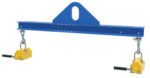 The Vestil Spreader Beam Magnetic 1000Lb Cap, 4Ft Wide, features a blue steel body with an oval top opening and two yellow adjustable hooks, perfect for heavy loads. It is displayed against a plain white background.