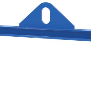 The Vestil Spreader Beam Magnetic 1000Lb Cap, 4Ft Wide, features a blue steel body with an oval top opening and two yellow adjustable hooks, perfect for heavy loads. It is displayed against a plain white background.