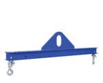 A blue metal lifting beam, like the Vestil Economy Spreader Beam 1000 Lb 48 In, has a triangular central bracket and two hooks at each end, designed for easy crane system integration.