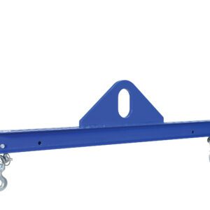 A blue metal lifting beam, like the Vestil Economy Spreader Beam 1000 Lb 48 In, has a triangular central bracket and two hooks at each end, designed for easy crane system integration.