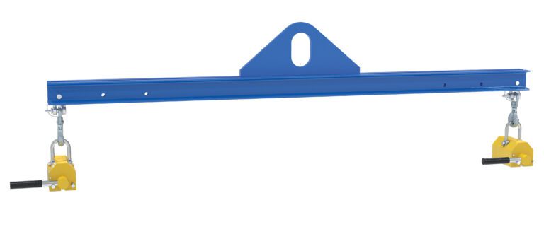 SBM-10-6-ML_A.jpg The Vestil Spreader Beam Magnetic 1000Lb Cap, 6Ft Wide, features a blue steel frame with a triangular top attachment and two yellow clamps for efficient load distribution during lifting.