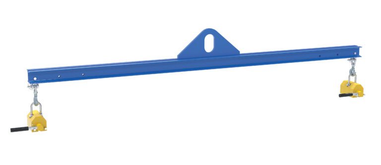 The Vestil Spreader Beam, 8Ft wide and designed for industrial use, features a central eye for easy attachment, yellow hooks, black latches on both ends, and supports a magnetic capacity of 1000Lb.