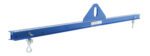 A blue lifting beam, similar to the Vestil Economy Spreader Beam 1000 Lb 96 In, includes hooks at both ends, a central triangular bracket with an attachment hole, and a caution label.