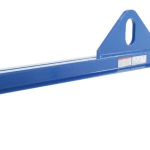 A blue lifting beam, similar to the Vestil Economy Spreader Beam 1000 Lb 96 In, includes hooks at both ends, a central triangular bracket with an attachment hole, and a caution label.
